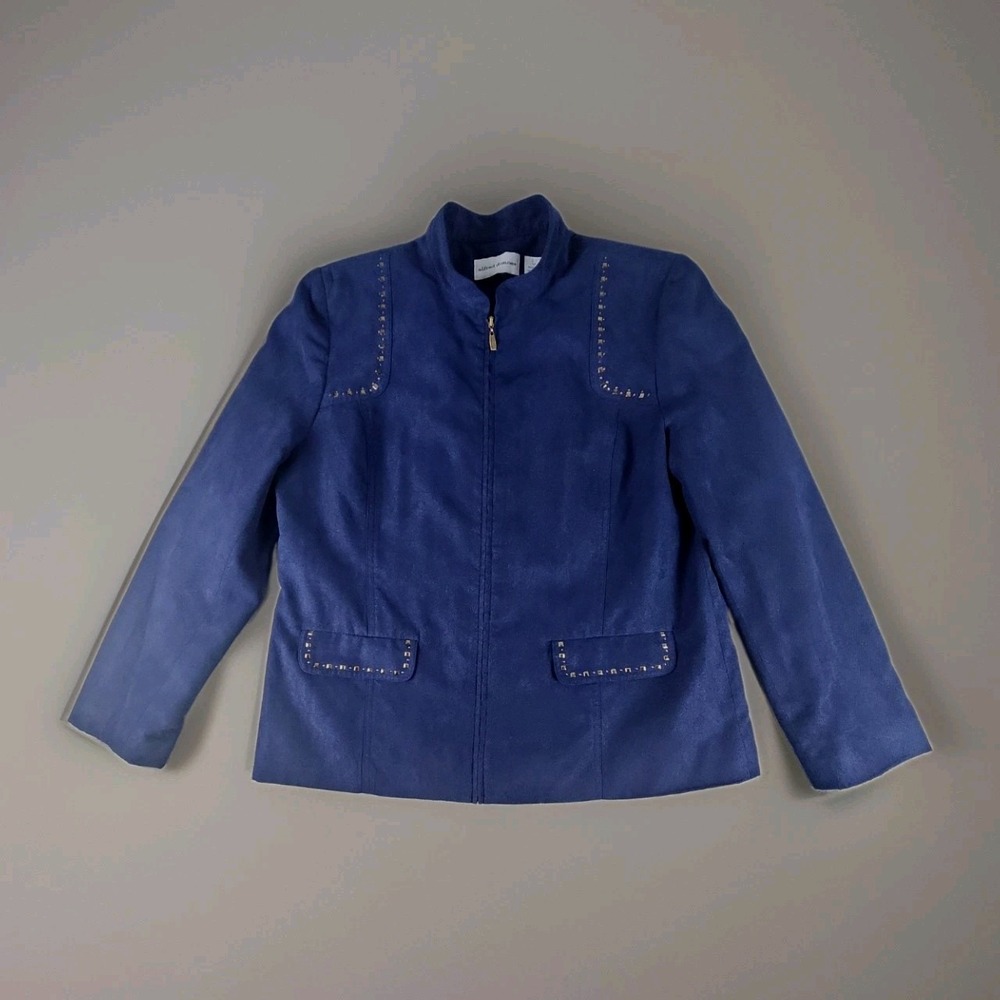 Alfred Dunner Womens 14 Studded Faux Suede Full Zip Jacket Navy Blue Pockets EUC